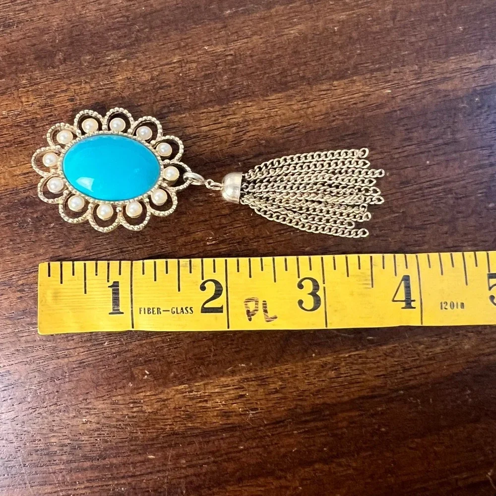 Vintage Sarah Coventry Turquoise Faux Pearl Tassel Brooch Pendant Gold Tone